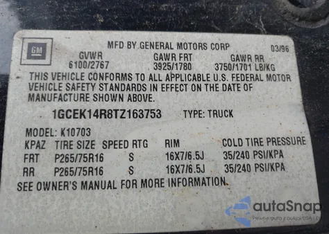 1996 Chevrolet Gmt-400 K1500 z USA, uszkodzony, nr VIN 1GCEK14R8TZ163753